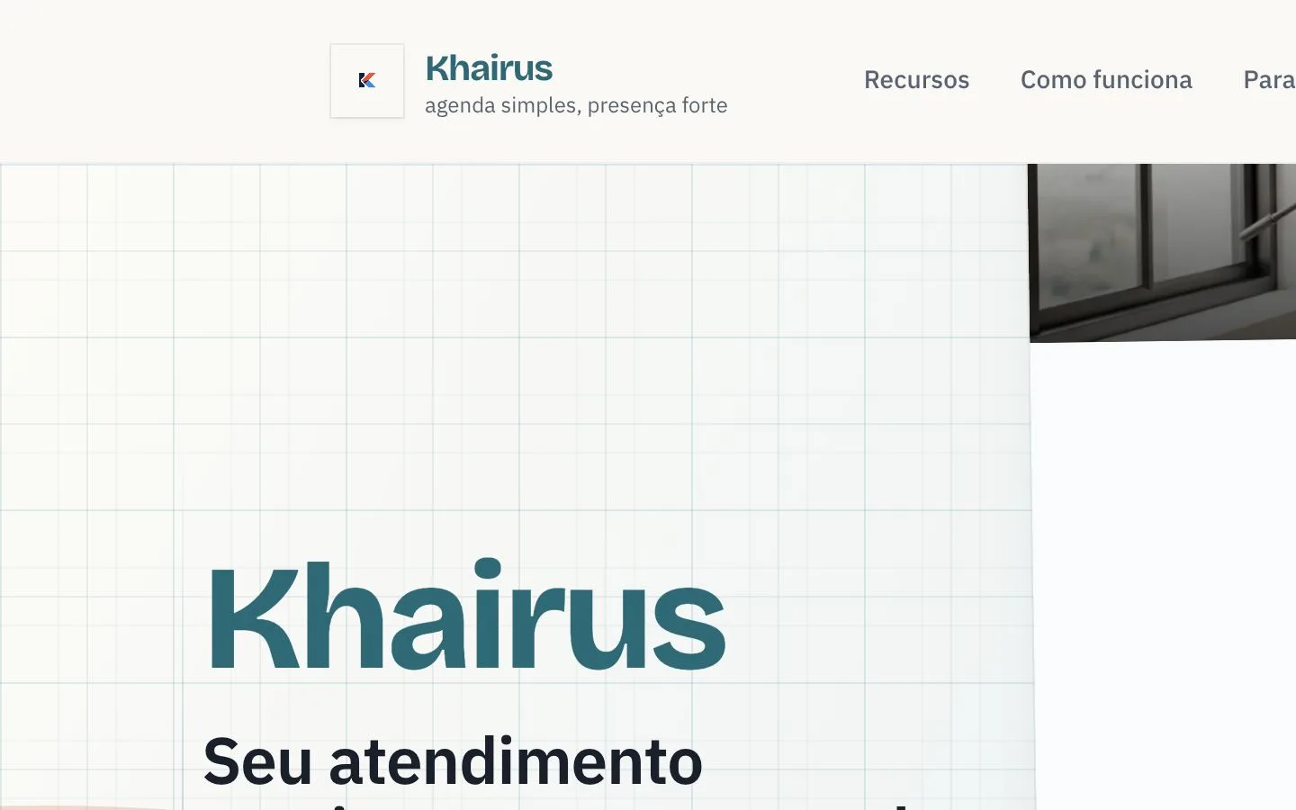 Khairus homepage with a teal identity and scheduling interface.