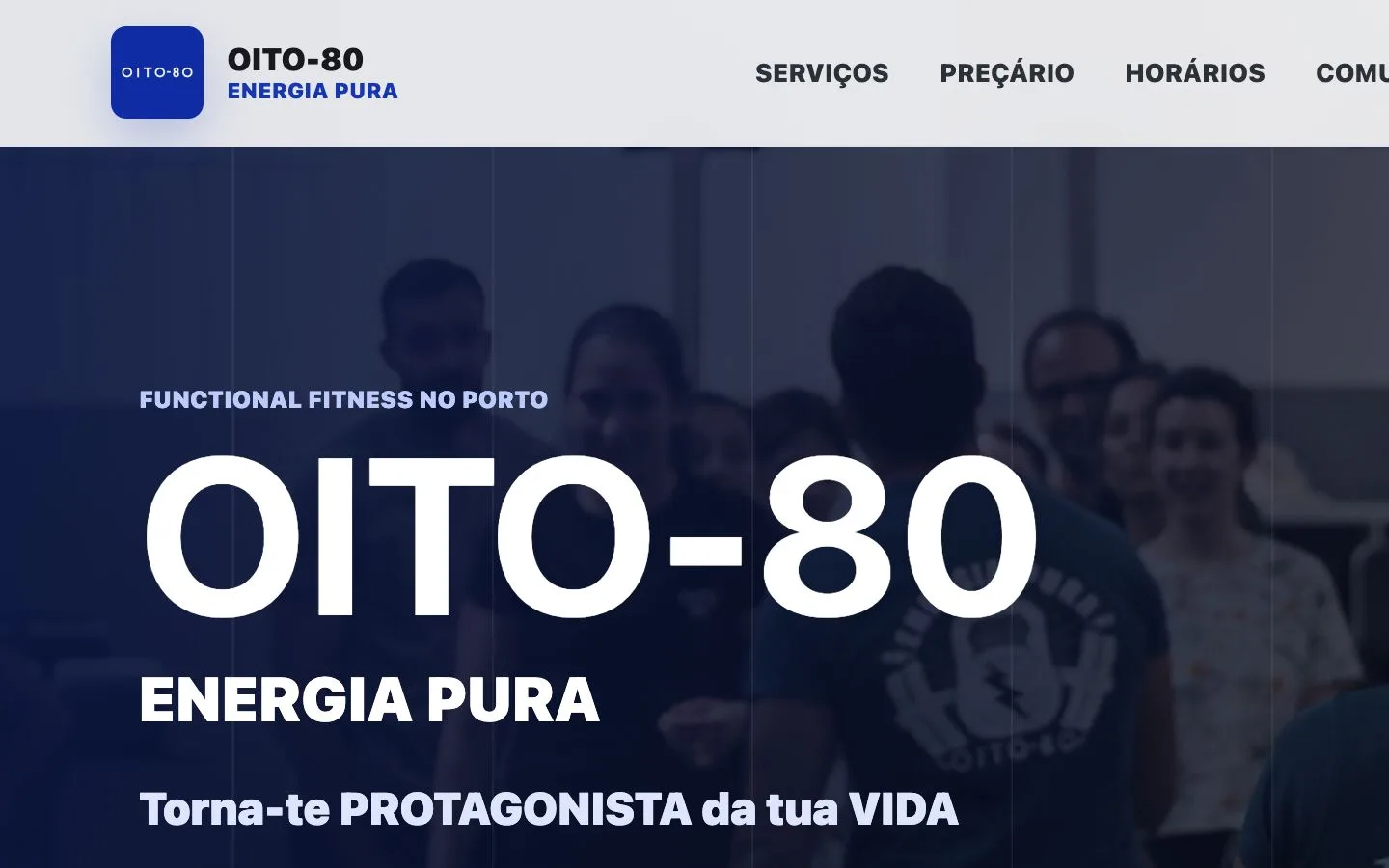Oito-80 homepage with athletes, vivid blue and the message Energia Pura.